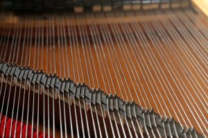 A close-up of piano strings through a raised lid